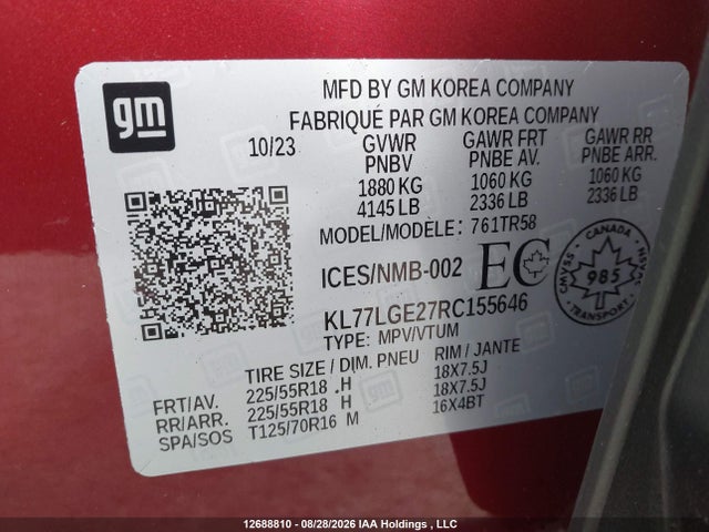 Aukcja sprzedaży 2024 Chevrolet Trax 1rs, vin: KL77LGE27RC155646, numer aukcji: 12688810