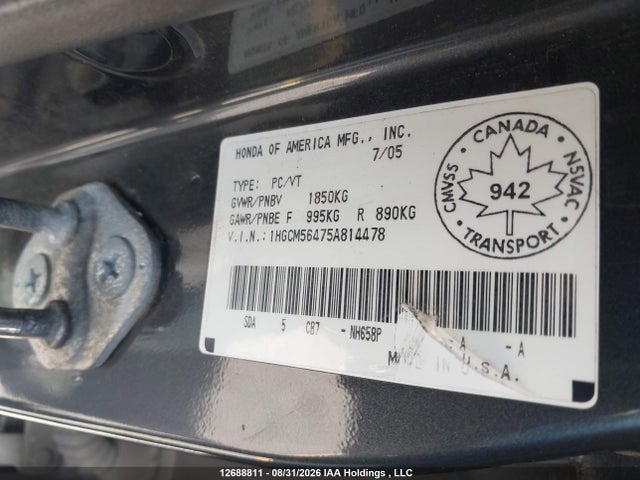Aukcja sprzedaży 2005 Honda Accord Lx-g, vin: 1HGCM56475A814478, numer aukcji: 12688811