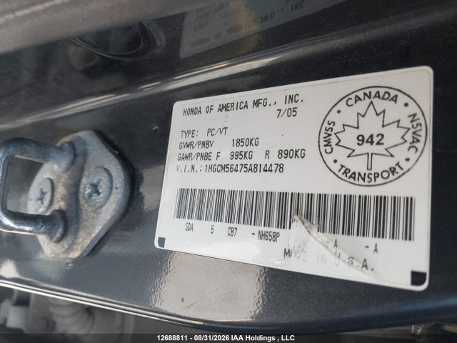 Aukcja sprzedaży 2005 Honda Accord Lx-g, vin: 1HGCM56475A814478, numer aukcji: 12688811