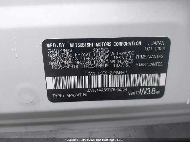 JA4J4VA89RZ635554 Mitsubishi Outlander Se/black Edition/ralliart