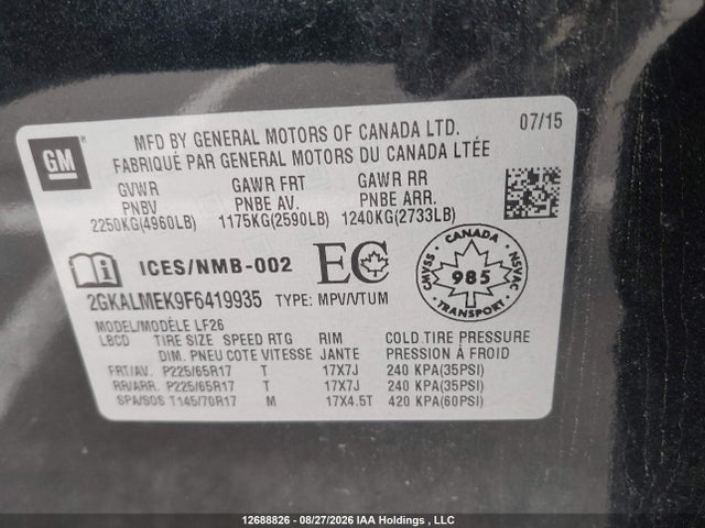 GMC Terrain Sle 2015 2GKALMEK9F6419935 Image 9