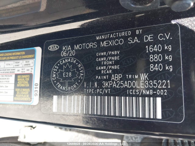 Продаж на аукціоні авто 2020 Kia Rio Lx/lx+, vin: 3KPA25AD0LE335221, номер лоту: 12688828