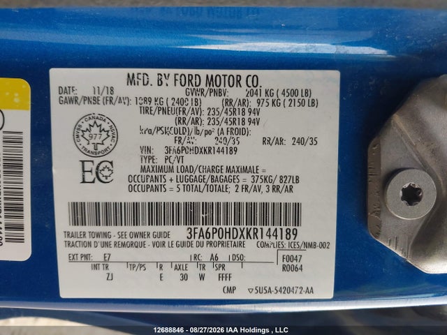 Продаж на аукціоні авто 2019 Ford Fusion Se, vin: 3FA6P0HDXKR144189, номер лоту: 12688846
