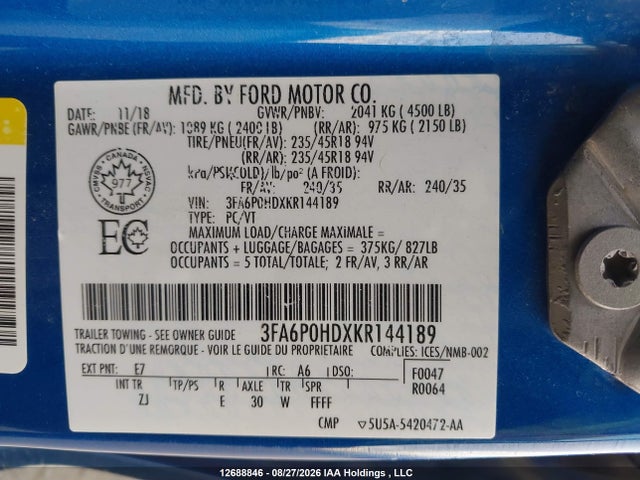 Продаж на аукціоні авто 2019 Ford Fusion Se, vin: 3FA6P0HDXKR144189, номер лоту: 12688846