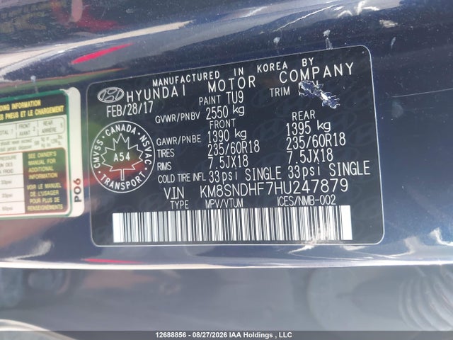 Aukcja sprzedaży 2017 Hyundai Santa Fe Xl, vin: KM8SNDHF7HU247879, numer aukcji: 12688856