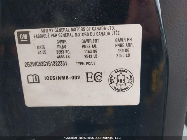 12688869 :رقم المزاد ، 2G2WC52C151322331 vin ، 2005 Pontiac Grand Prix Gxp مزاد بيع
