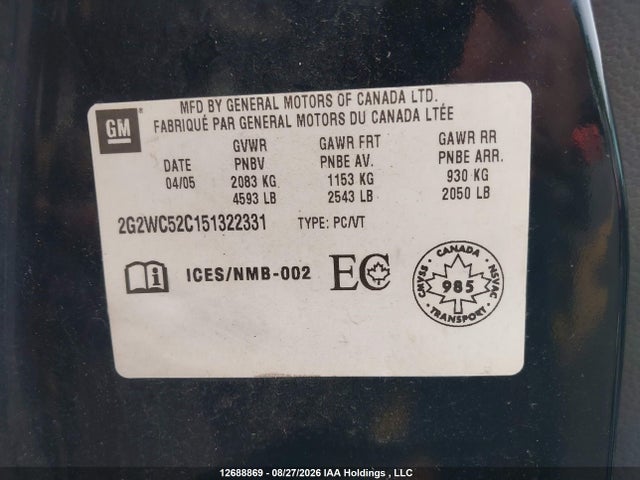 12688869 :رقم المزاد ، 2G2WC52C151322331 vin ، 2005 Pontiac Grand Prix Gxp مزاد بيع