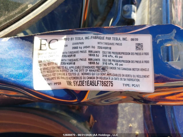 2020 Tesla Model 3 მანქანა იყიდება აუქციონზე, vin: 5YJ3E1EA5LF786275, აუქციონის ნომერი: 12688870