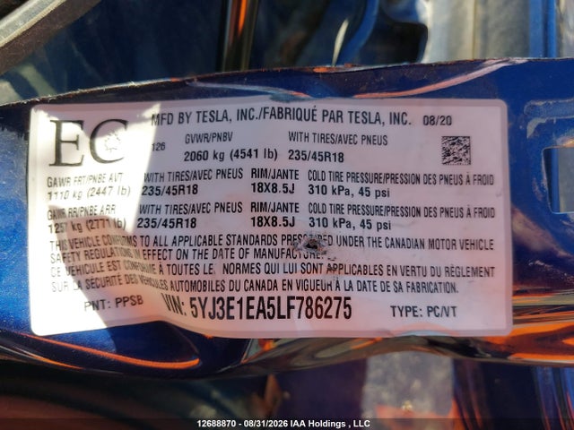 2020 Tesla Model 3 მანქანა იყიდება აუქციონზე, vin: 5YJ3E1EA5LF786275, აუქციონის ნომერი: 12688870