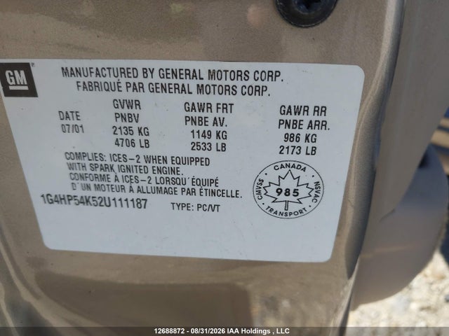 12688872 :رقم المزاد ، 1G4HP54K52U111187 vin ، 2002 Buick Lesabre Custom مزاد بيع