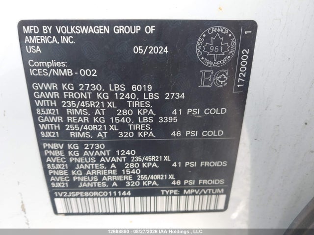 Продажа на аукционе авто 2024 Volkswagen Id.4 Pro S, vin: 1V2JSPE80RC011144, номер лота: 12688880