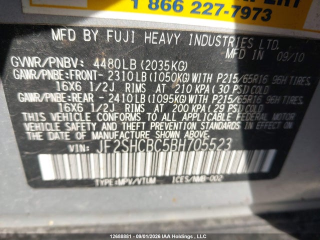 12688881 :رقم المزاد ، JF2SHCBC5BH705523 vin ، 2011 Subaru Forester 2.5x مزاد بيع