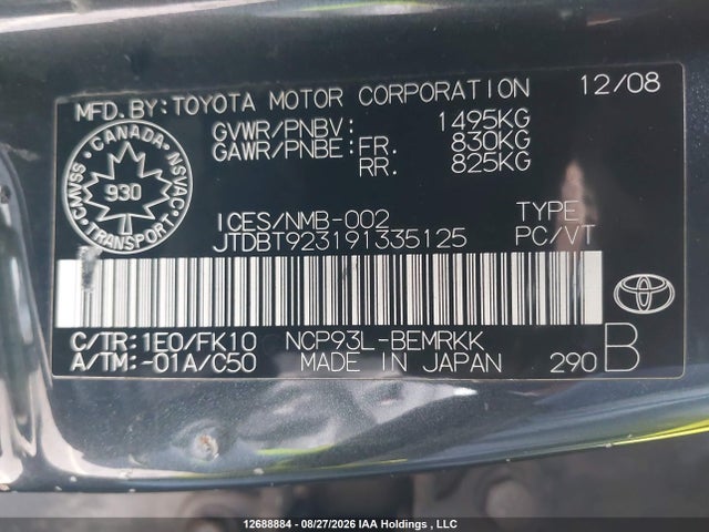 Aukcja sprzedaży 2009 Toyota Yaris, vin: JTDBT923191335125, numer aukcji: 12688884