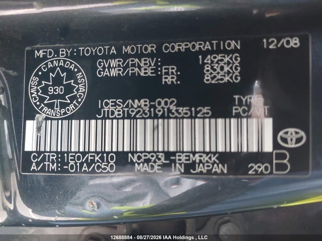 Aukcja sprzedaży 2009 Toyota Yaris, vin: JTDBT923191335125, numer aukcji: 12688884