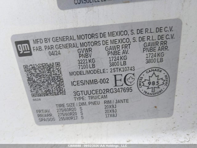 2024 Gmc Sierra მანქანა იყიდება აუქციონზე, vin: 3GTUUCED2RG347695, აუქციონის ნომერი: 12688888