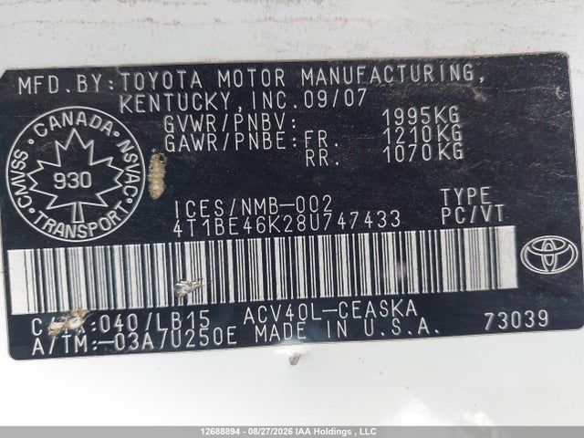 Продажа на аукционе авто 2008 Toyota Camry Ce/le/xle/se, vin: 4T1BE46K28U747433, номер лота: 12688894