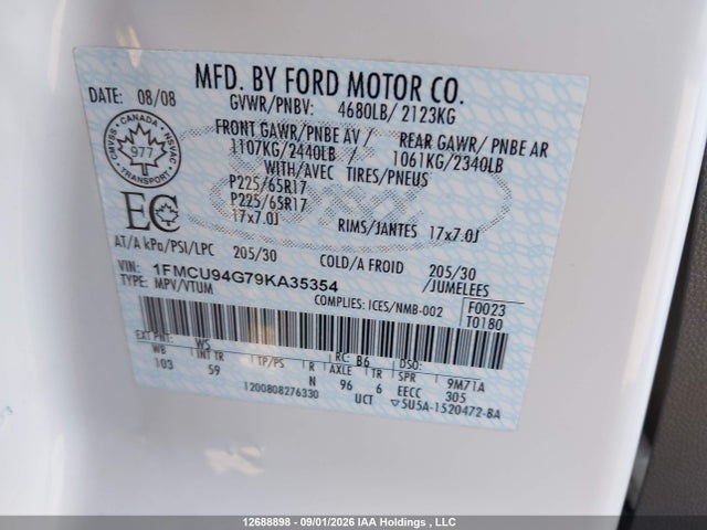 Aukcja sprzedaży 2009 Ford Escape Limited, vin: 1FMCU94G79KA35354, numer aukcji: 12688898