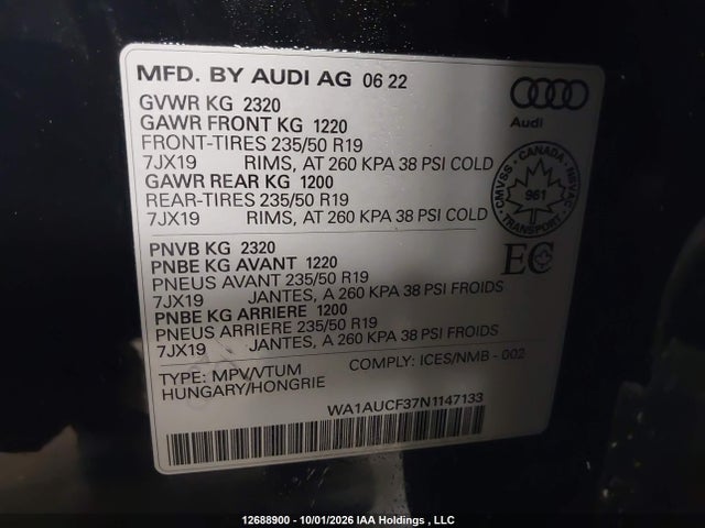 Продаж на аукціоні авто 2022 Audi Q3 Premium 40, vin: WA1AUCF37N1147133, номер лоту: 12688900