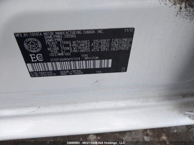 2012 Toyota Rav4 მანქანა იყიდება აუქციონზე, vin: 2T3ZF4DV8CW151378, აუქციონის ნომერი: 12688902