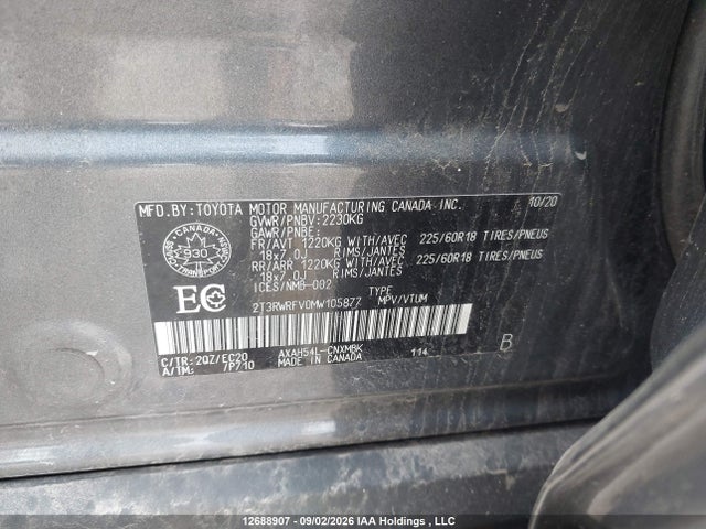 12688907 :رقم المزاد ، 2T3RWRFV0MW105877 vin ، 2021 Toyota Rav4 Hybrid Xle مزاد بيع
