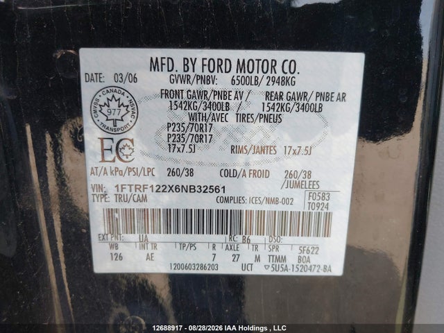 Aukcja sprzedaży 2006 Ford F150, vin: 1FTRF122X6NB32561, numer aukcji: 12688917
