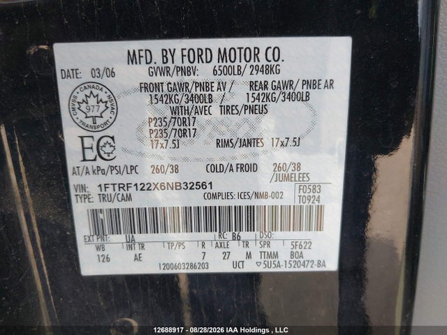 Aukcja sprzedaży 2006 Ford F150, vin: 1FTRF122X6NB32561, numer aukcji: 12688917
