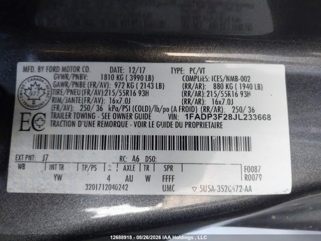 Продажа на аукционе авто 2018 Ford Focus, vin: 1FADP3F28JL233668, номер лота: 12688918
