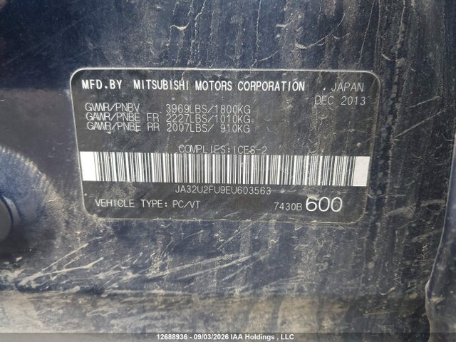 12688936 :رقم المزاد ، JA32U2FU9EU603563 vin ، 2014 Mitsubishi Lancer Es/es Sport مزاد بيع