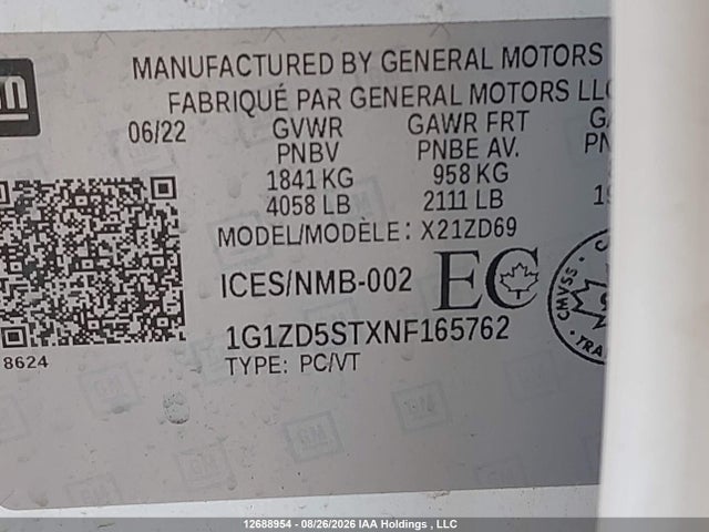 1G1ZD5STXNF165762 Chevrolet MALIBU LT