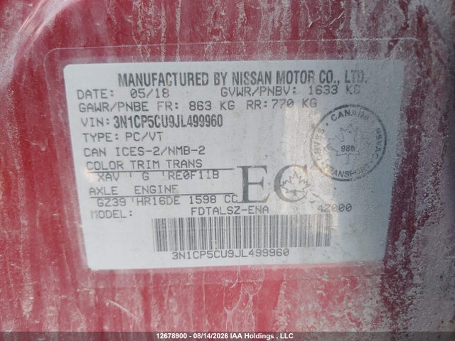 3N1CP5CU9JL499960 Nissan Kicks S/sr/sv