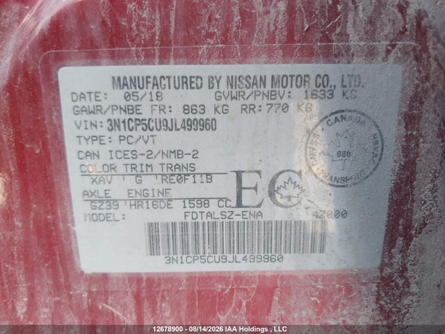 3N1CP5CU9JL499960 Nissan Kicks S/sr/sv