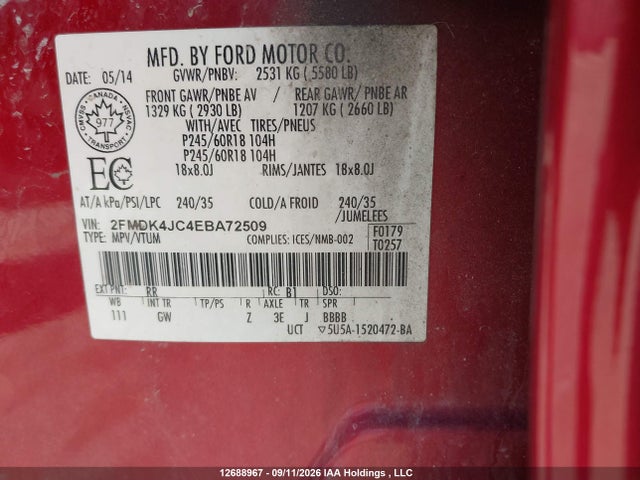 2014 Ford Edge Sel მანქანა იყიდება აუქციონზე, vin: 2FMDK4JC4EBA72509, აუქციონის ნომერი: 12688967