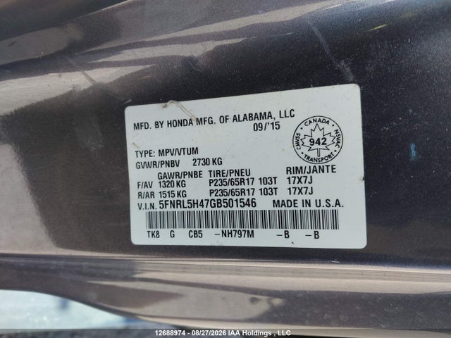Honda ODYSSEY EX 2016 5FNRL5H47GB501546 Image 9