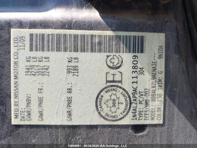 Auction sale of the 2010 Nissan Altima S, vin: 1N4AL2AP9AC113809, lot number: 12688981