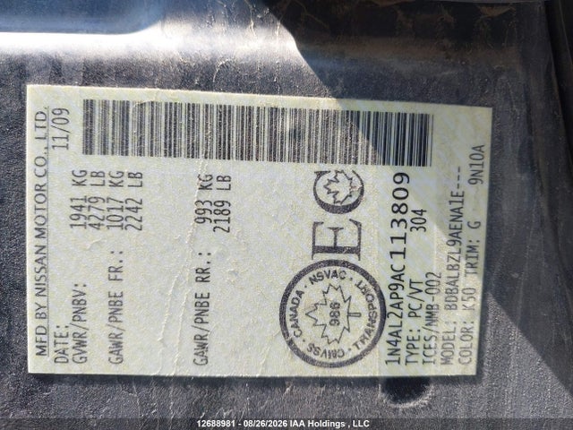 Auction sale of the 2010 Nissan Altima S, vin: 1N4AL2AP9AC113809, lot number: 12688981