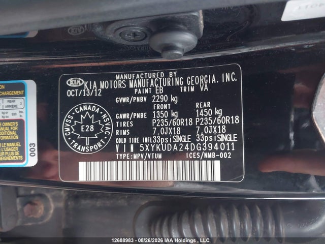 Продаж на аукціоні авто 2013 Kia Sorento Ex, vin: 5XYKUDA24DG394011, номер лоту: 12688983
