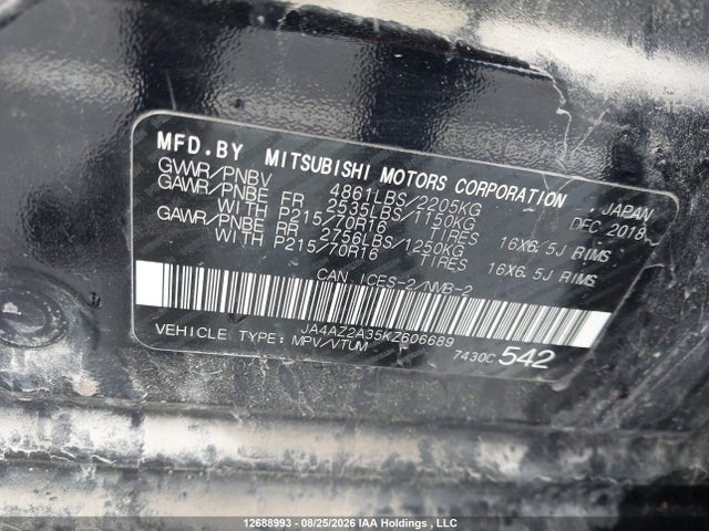 Продажа на аукционе авто 2019 Mitsubishi Outlander Es, vin: JA4AZ2A35KZ606689, номер лота: 12688993