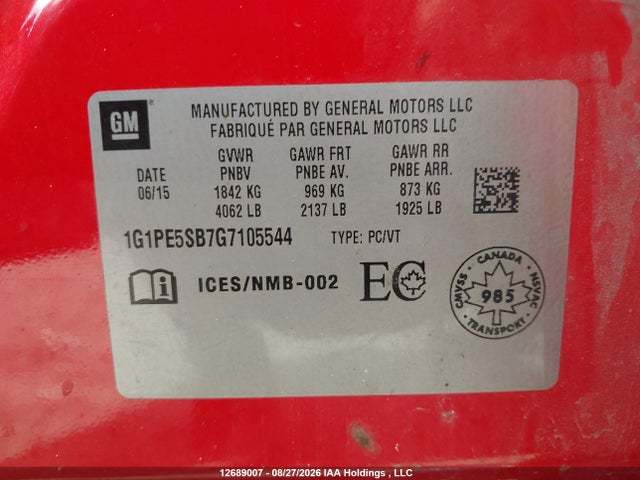 12689007 :رقم المزاد ، 1G1PE5SB7G7105544 vin ، 2016 Chevrolet Cruze Limited 1lt مزاد بيع