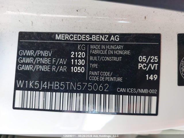 2026 Mercedes-benz Cla 250 4matic მანქანა იყიდება აუქციონზე, vin: W1K5J4HB5TN575062, აუქციონის ნომერი: 12689011