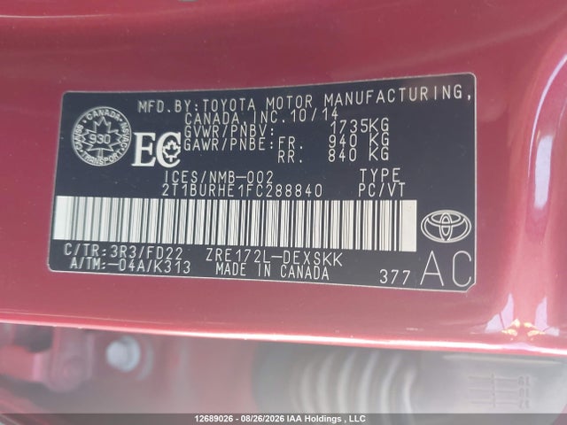 12689026 :رقم المزاد ، 2T1BURHE1FC288840 vin ، 2015 Toyota Corolla L/le/le Pls/prm/s/s Pls مزاد بيع