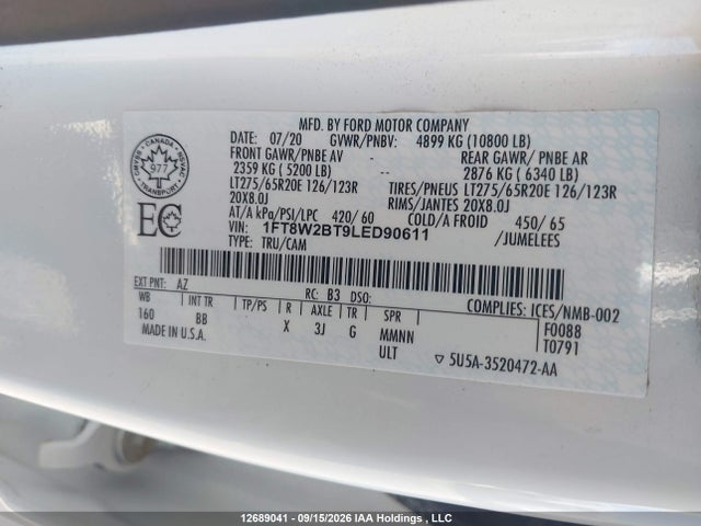 Aukcja sprzedaży 2020 Ford F-250 Platinum, vin: 1FT8W2BT9LED90611, numer aukcji: 12689041