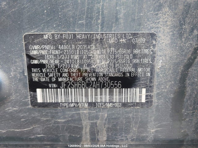 Продажа на аукционе авто 2010 Subaru Forester Xs, vin: JF2SH6BC2AH730556, номер лота: 12689042
