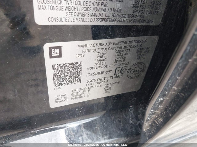 12689046 :رقم المزاد ، 1GCUYHET4LZ196018 vin ، 2020 Chevrolet Silverado 1500 High Country مزاد بيع