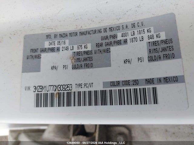 Aukcja sprzedaży 2016 Mazda Mazda3 G/gx, vin: 3MZBM1U77GM309253, numer aukcji: 12689050