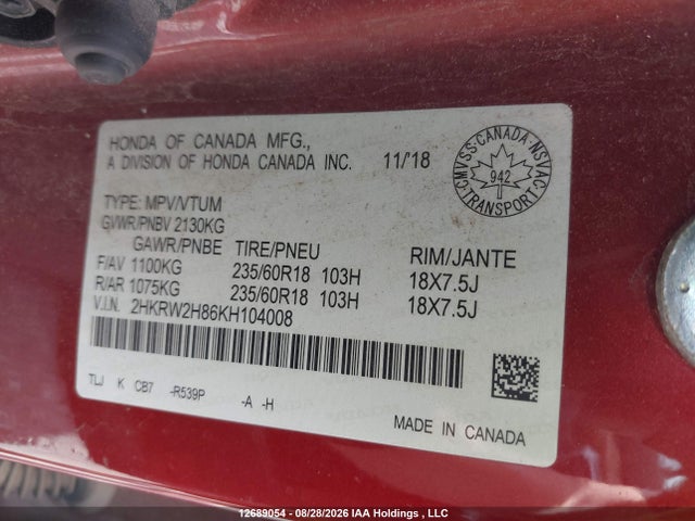 2HKRW2H86KH104008 Honda Cr-v Ex-l