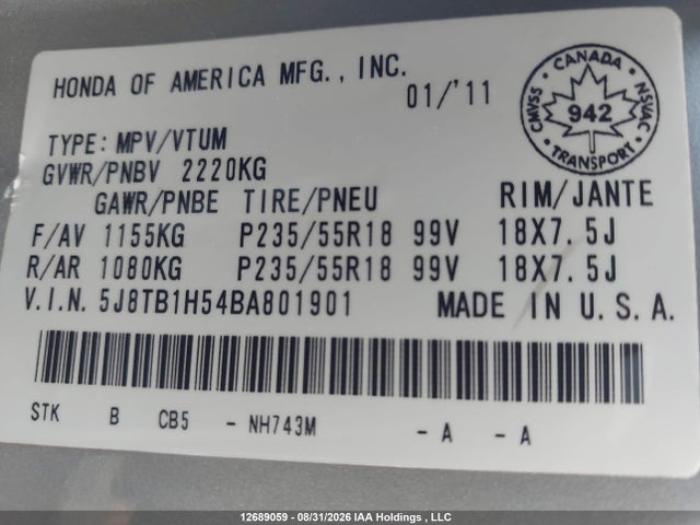 Aukcja sprzedaży 2011 Acura Rdx Technology, vin: 5J8TB1H54BA801901, numer aukcji: 12689059