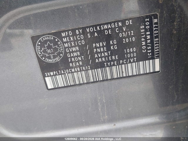 2012 Volkswagen Jetta Tdi მანქანა იყიდება აუქციონზე, vin: 3VWPL7AJ0CM681412, აუქციონის ნომერი: 12689062