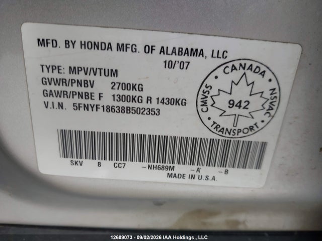 Продаж на аукціоні авто 2008 Honda Pilot Exl, vin: 5FNYF18638B502353, номер лоту: 12689073