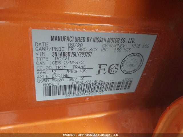 2020 Nissan Sentra Sr მანქანა იყიდება აუქციონზე, vin: 3N1AB8DV6LY293757, აუქციონის ნომერი: 12689076