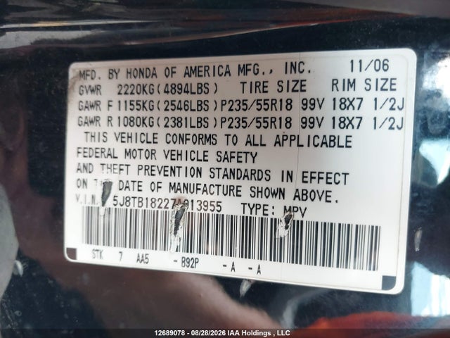 Aukcja sprzedaży 2007 Acura Rdx, vin: 5J8TB18227A013955, numer aukcji: 12689078